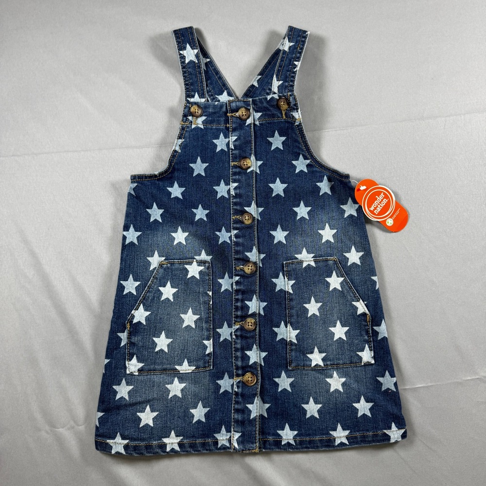 Wonder Nation Girls 3T Blue Star Print Denim Overall Dress Jumper NWT Americana